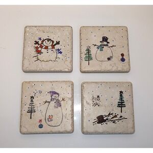 Hand Painted Snowman Stone Tile Coasters Set of 4 Winter Holiday Christmas Decor